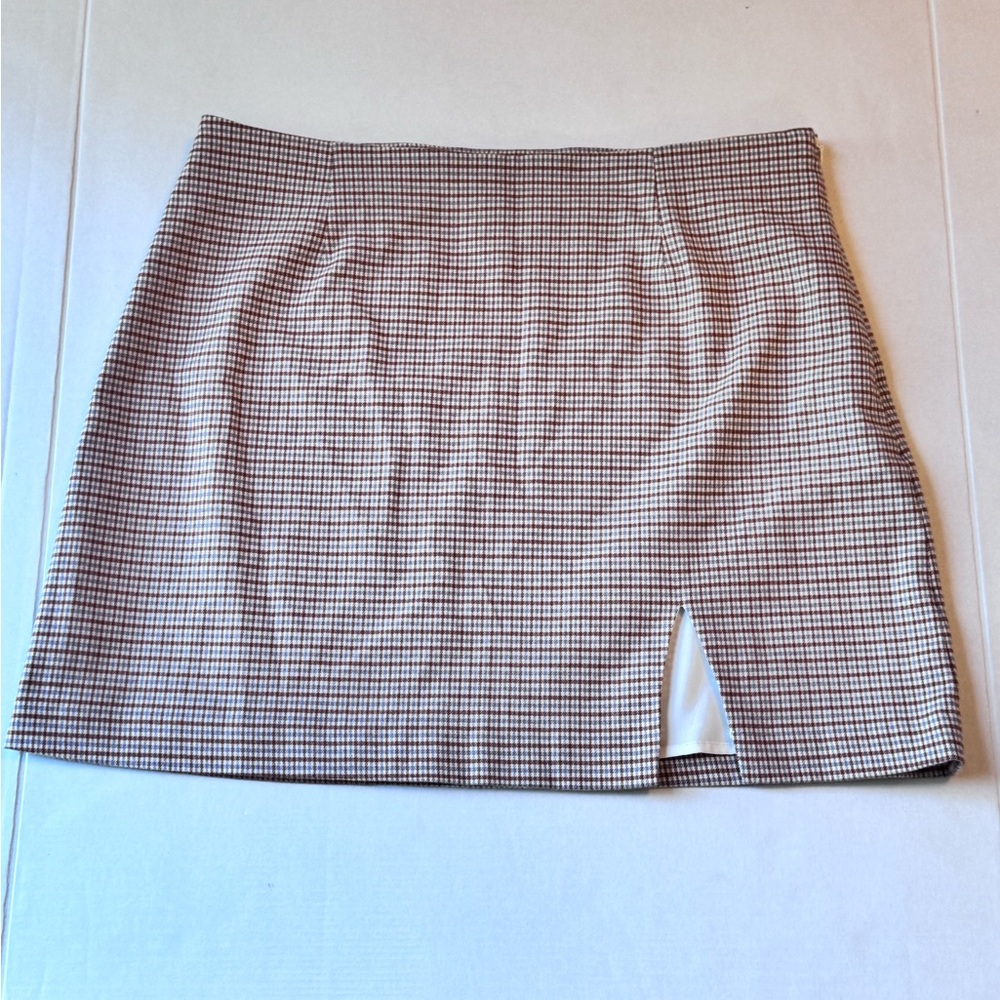 1.STATE Womens Brown White Houndstooth Plaid Mini Skirt Front Slit Size 14